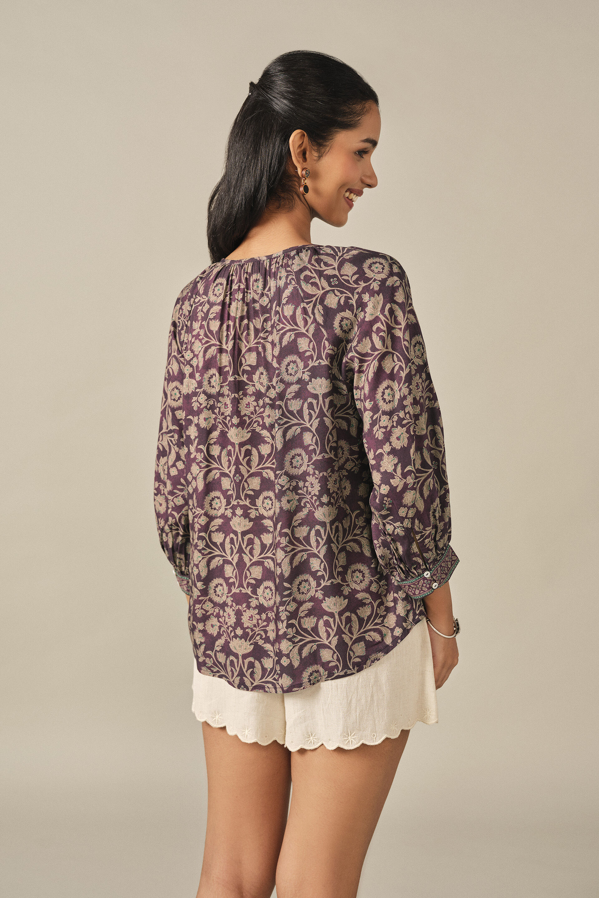 Printed Peasant Top in Purple, Purple, image 5